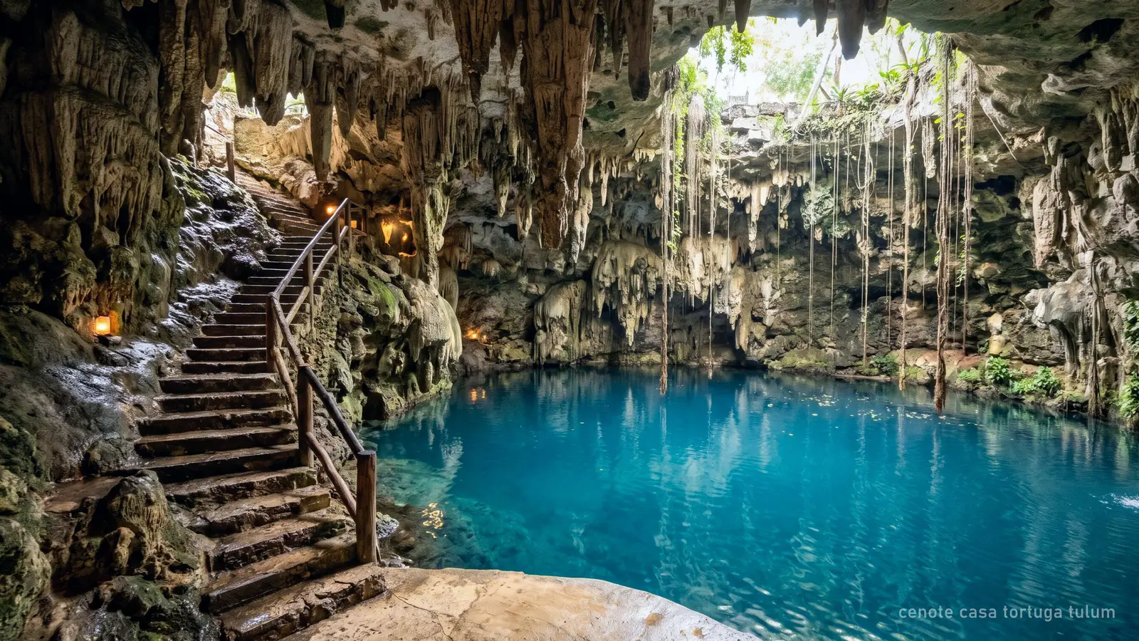 A lit cave cenote with stairs down to clear blue water and stalactites
