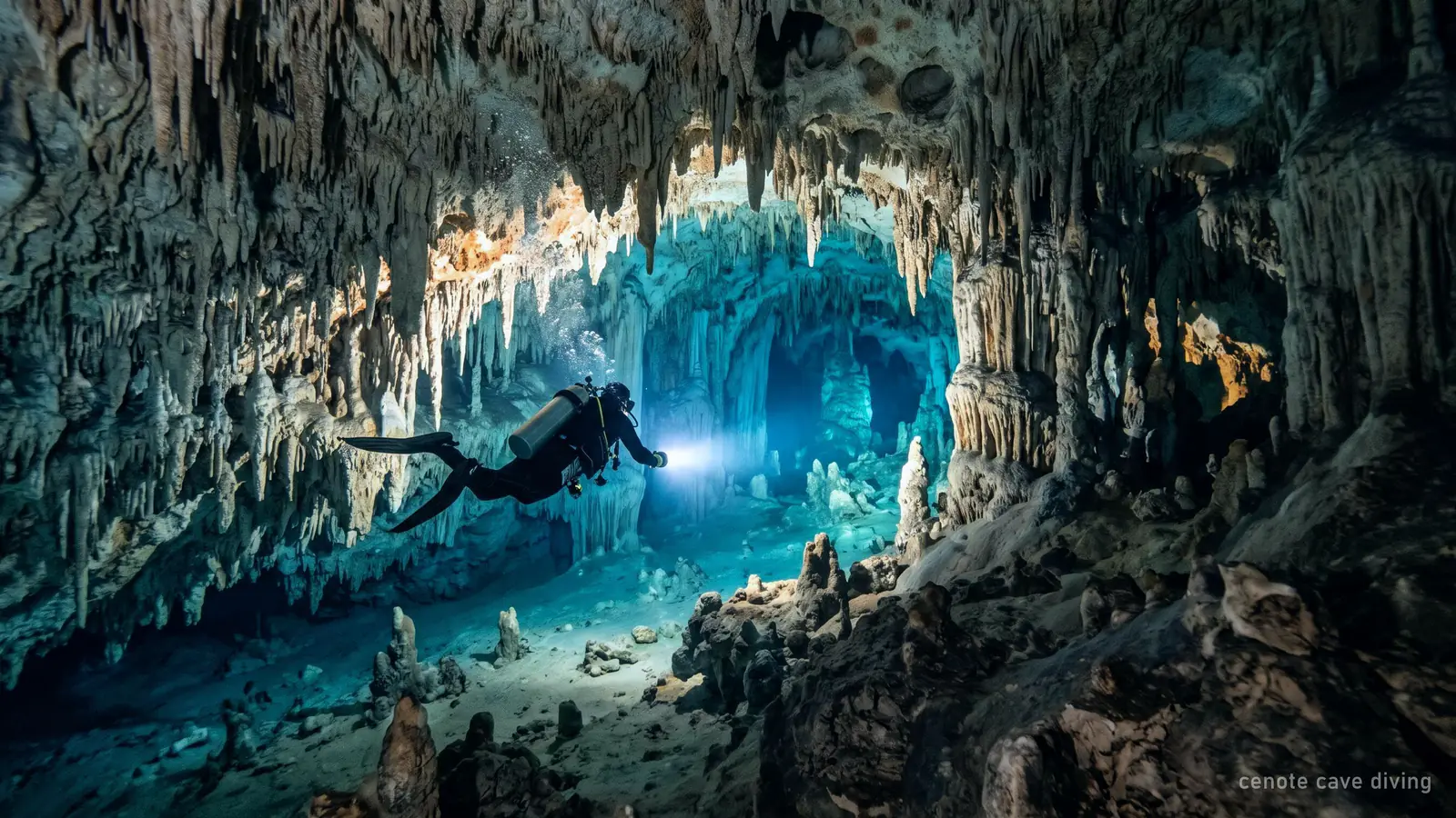 A scuba diver with a light in a flooded limestone cave passage with stalactites