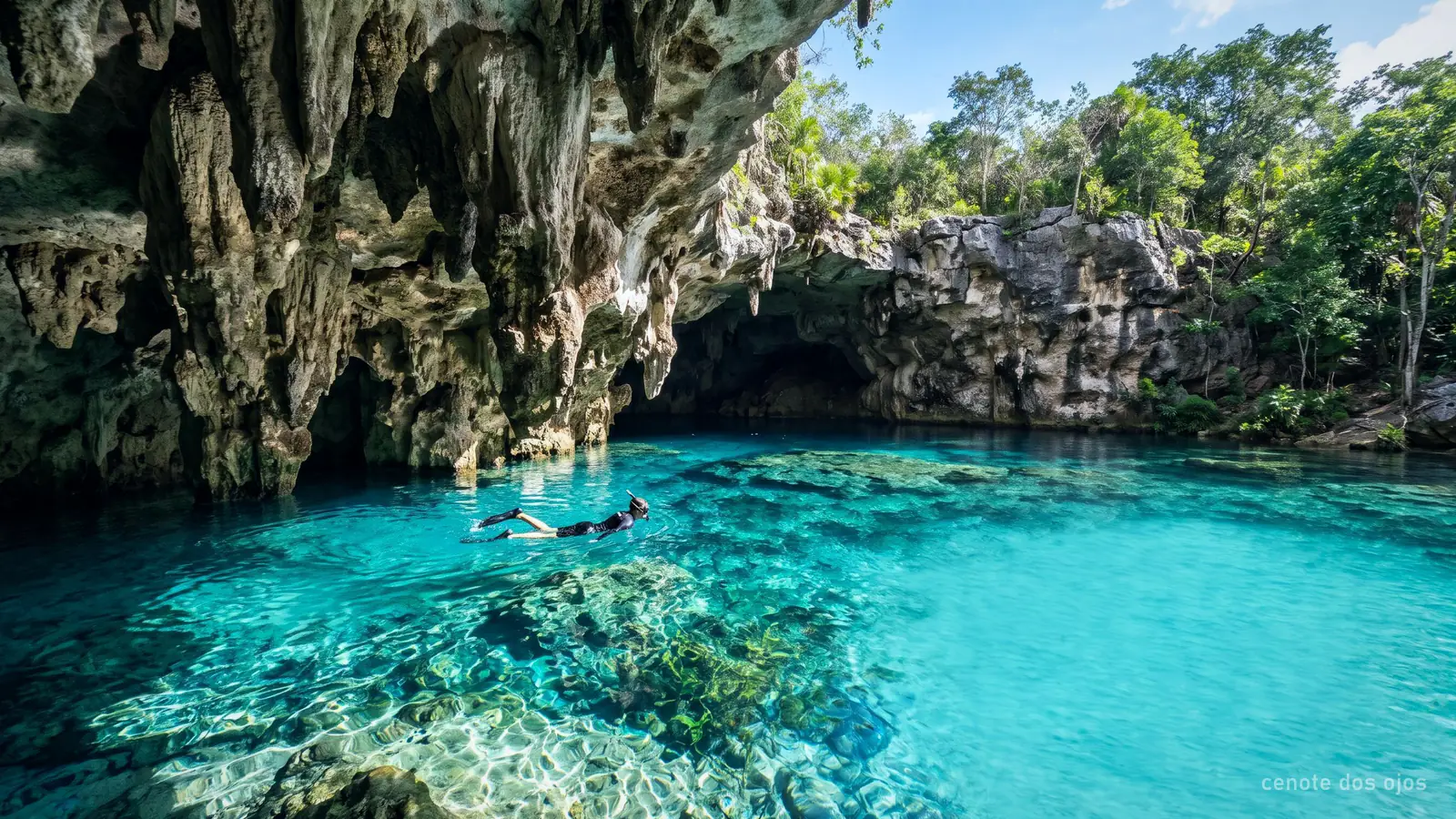 Clear turquoise water at a cavern entrance with a snorkeller near the overhang
