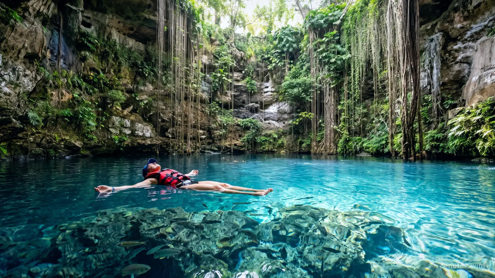 A swimmer in a life jacket floating in a clear cenote with small fish below
