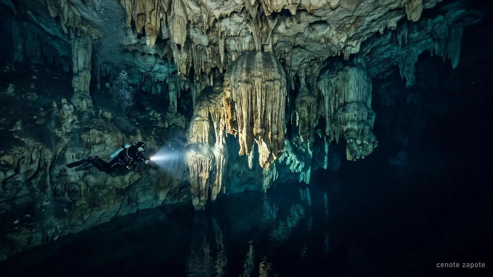 Bell-shaped rock formations hanging underwater in a dark cavern, lit by a diver's light