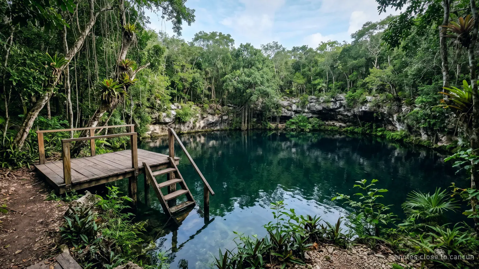 An open cenote in low tropical forest with a wooden deck and a ladder into the water