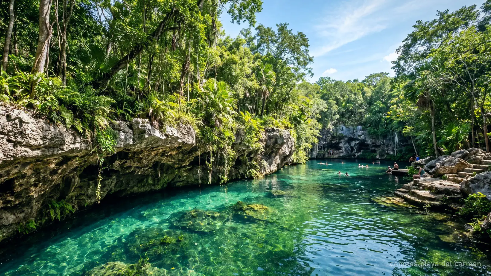 An open swimming cenote with a rocky ledge and jungle plants over green-blue water