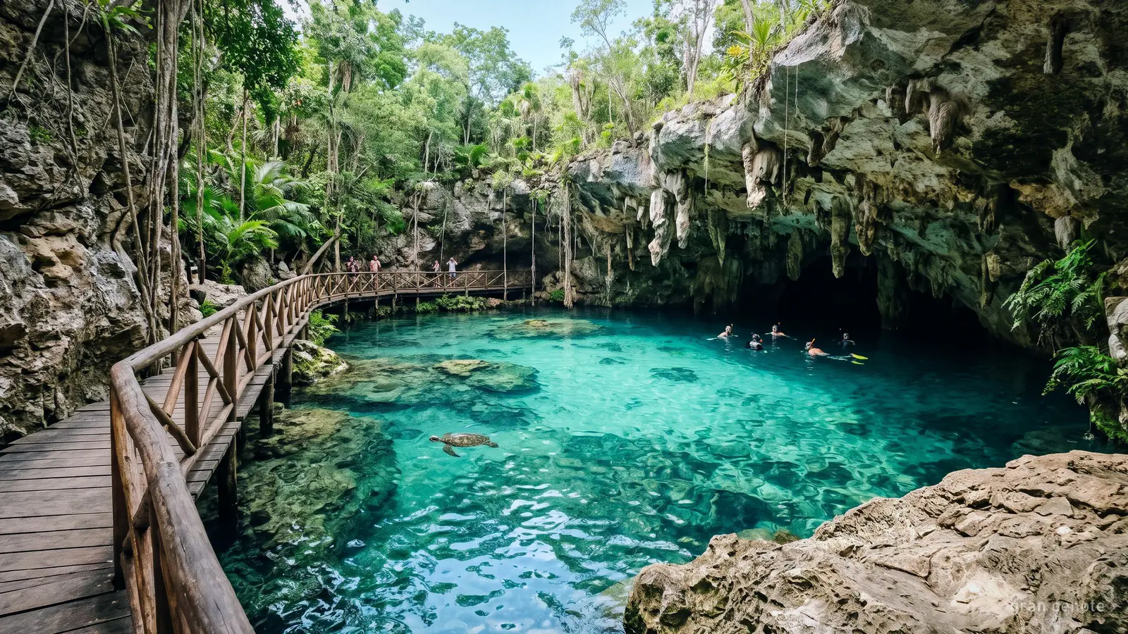 A semi-open cenote with wooden walkways, clear water, a small turtle and snorkellers