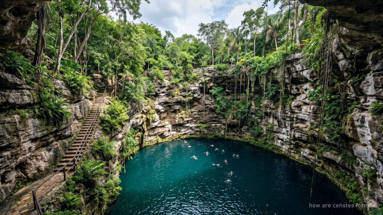 A collapsed limestone sinkhole open to the sky, layered rock walls down to the water