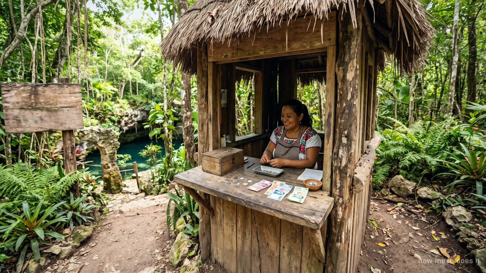 A wooden ticket window at a cenote entrance with peso coins and notes on the counter