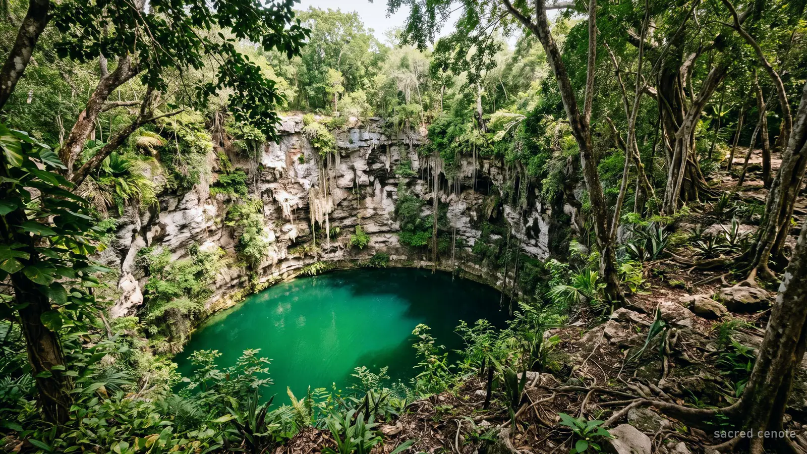 A large round sinkhole with steep walls and green water, seen from the rim