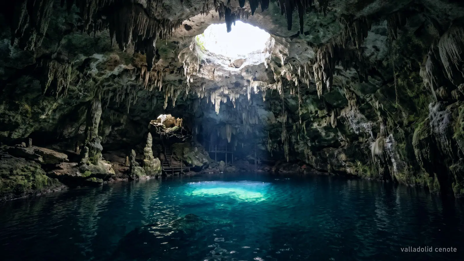 A cave cenote with a beam of light falling through a hole in the roof onto dark blue water