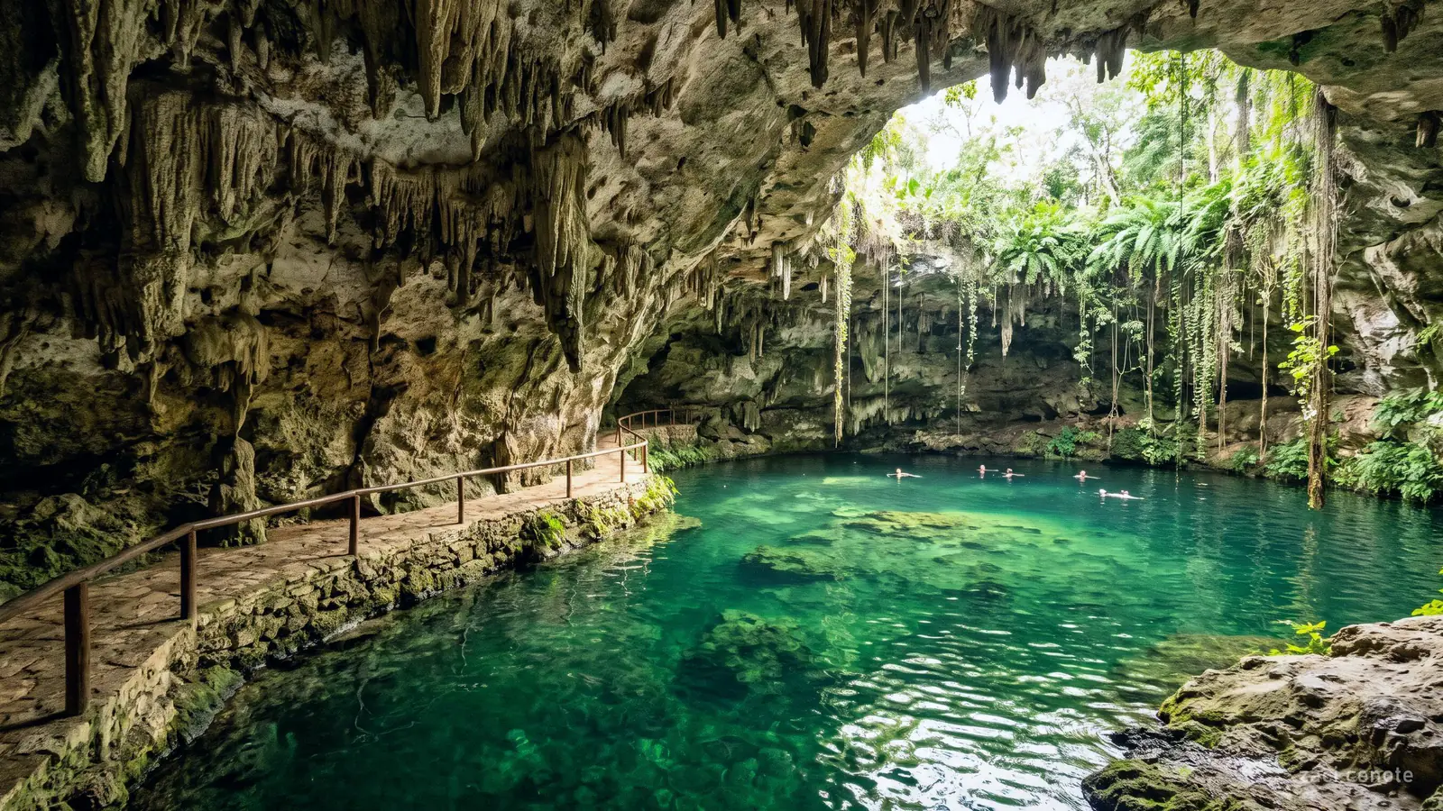 A semi-open cenote under a curved rock overhang with stalactites and green water
